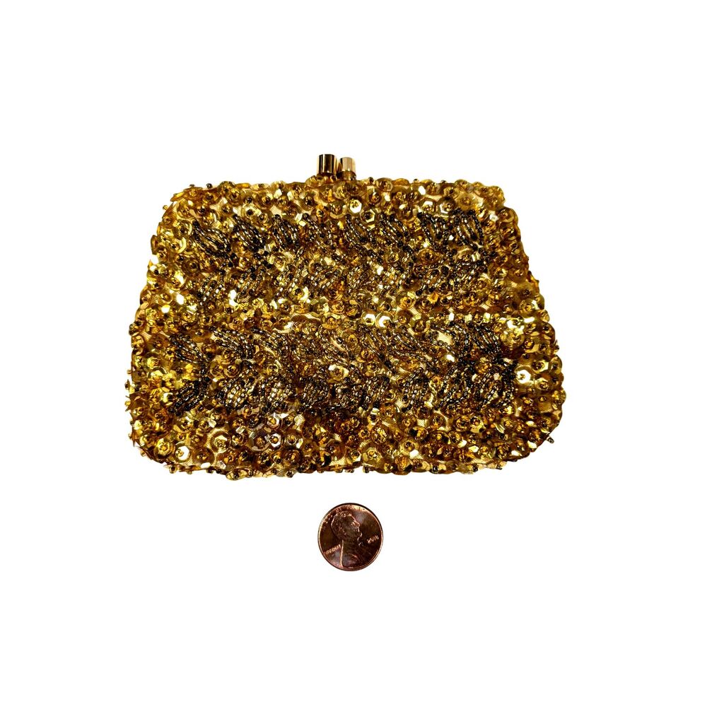 VTG Walborg Coin Purse Gold Sequins Beaded Kiss Lock Mini Clutch Hong Kong 1950s